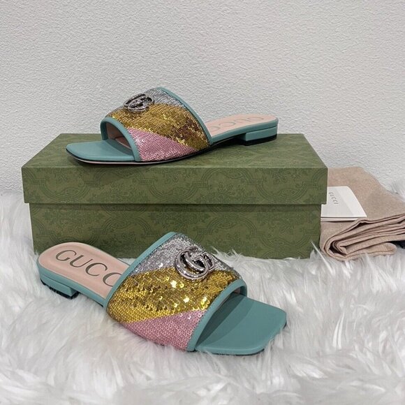 NIB Gucci Marmont Logo Interlocking GG Matelasse Jolie Slide Sandal Mule 39.5 - Picture 1 of 9